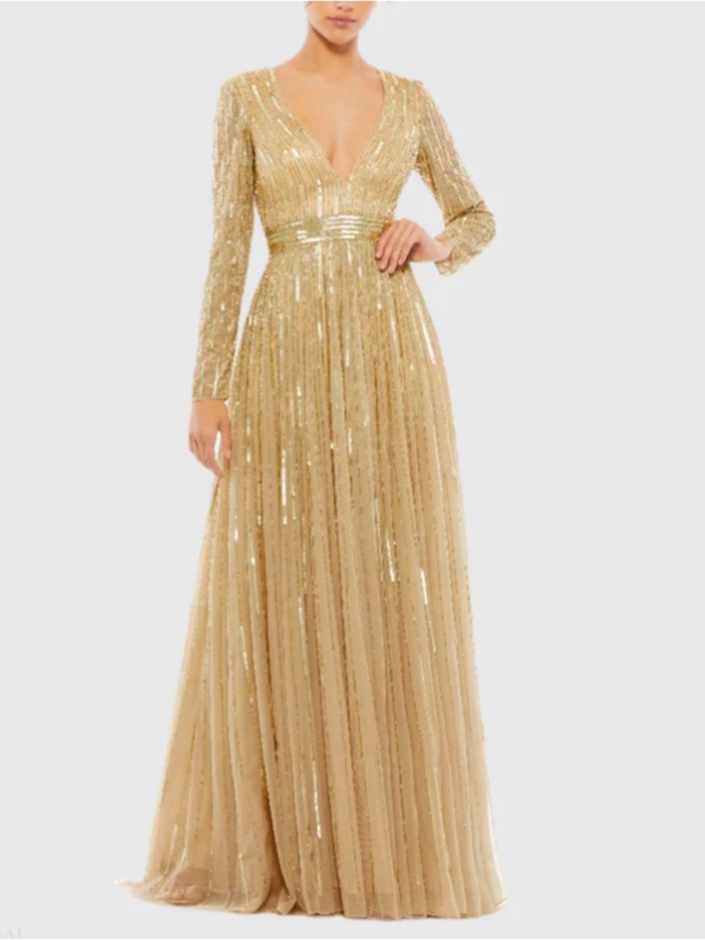 Mac Duggal Gold Sequin Deep V Long Sleeve Evening Gown
